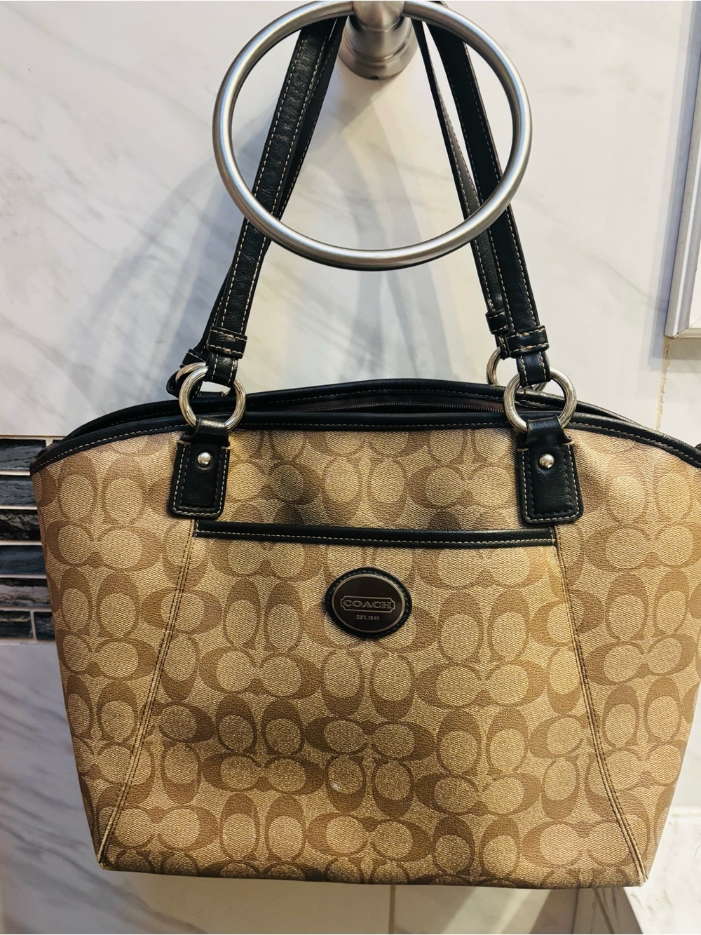 Coach Khaki Signature Canvas Shoulder Tote with Black Trim